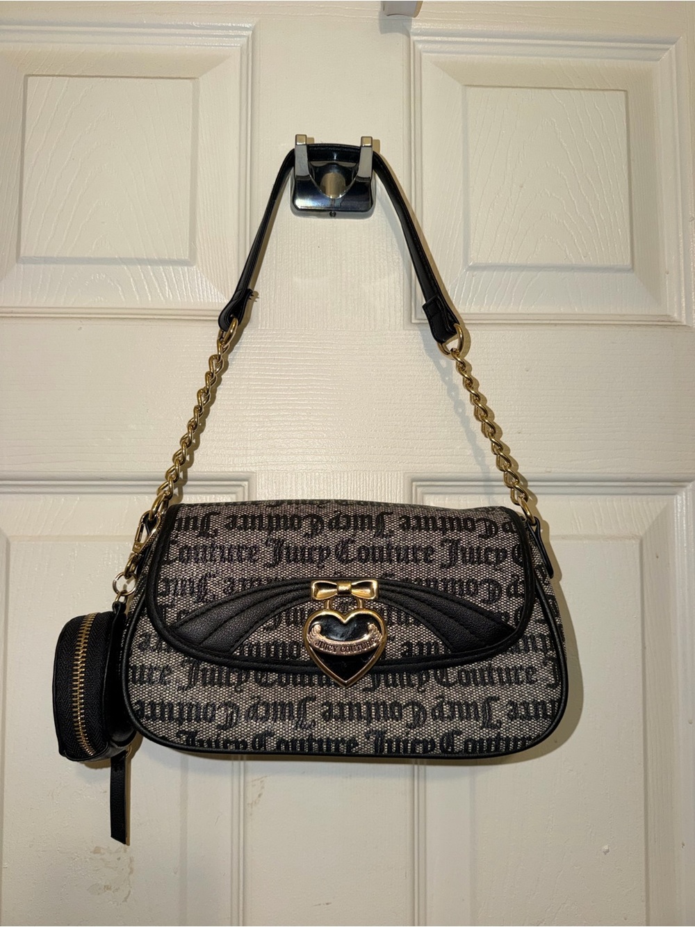 Juicy Couture Black and Gold Logo-Print Shoulder Bag with Heart Accent